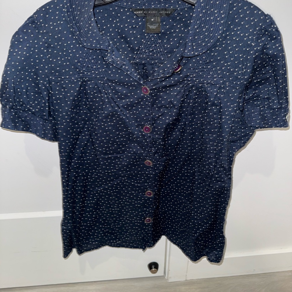 Navy Polka Dot Button-Up Blouse